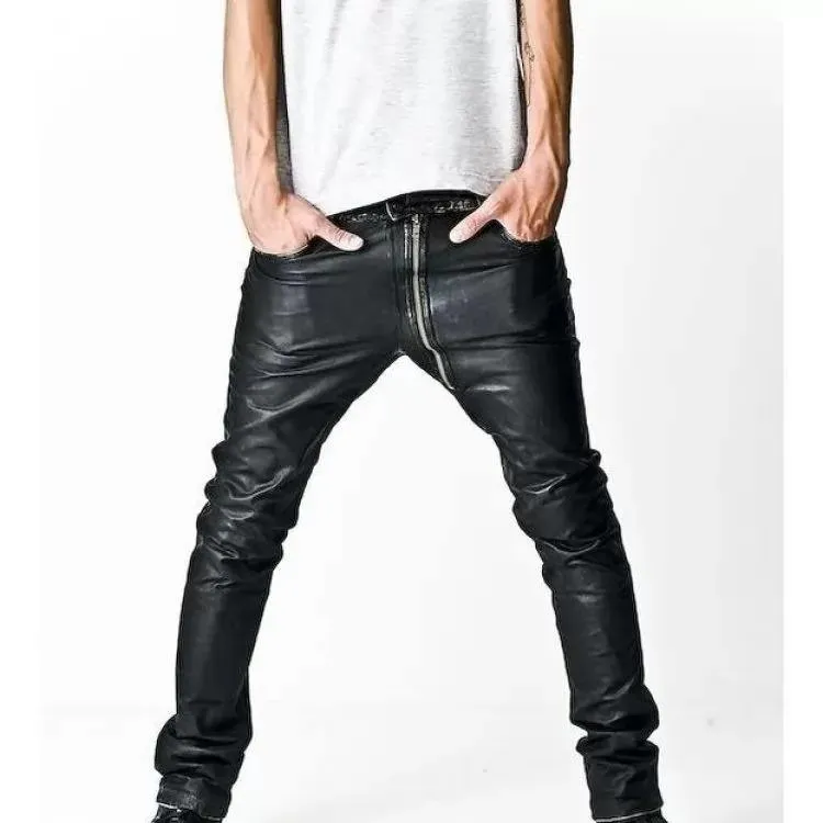 Asymmetrical Front Zip Skinny Black Leather Pants