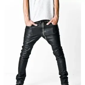 Asymmetrical Front Zip Skinny Black Leather Pants