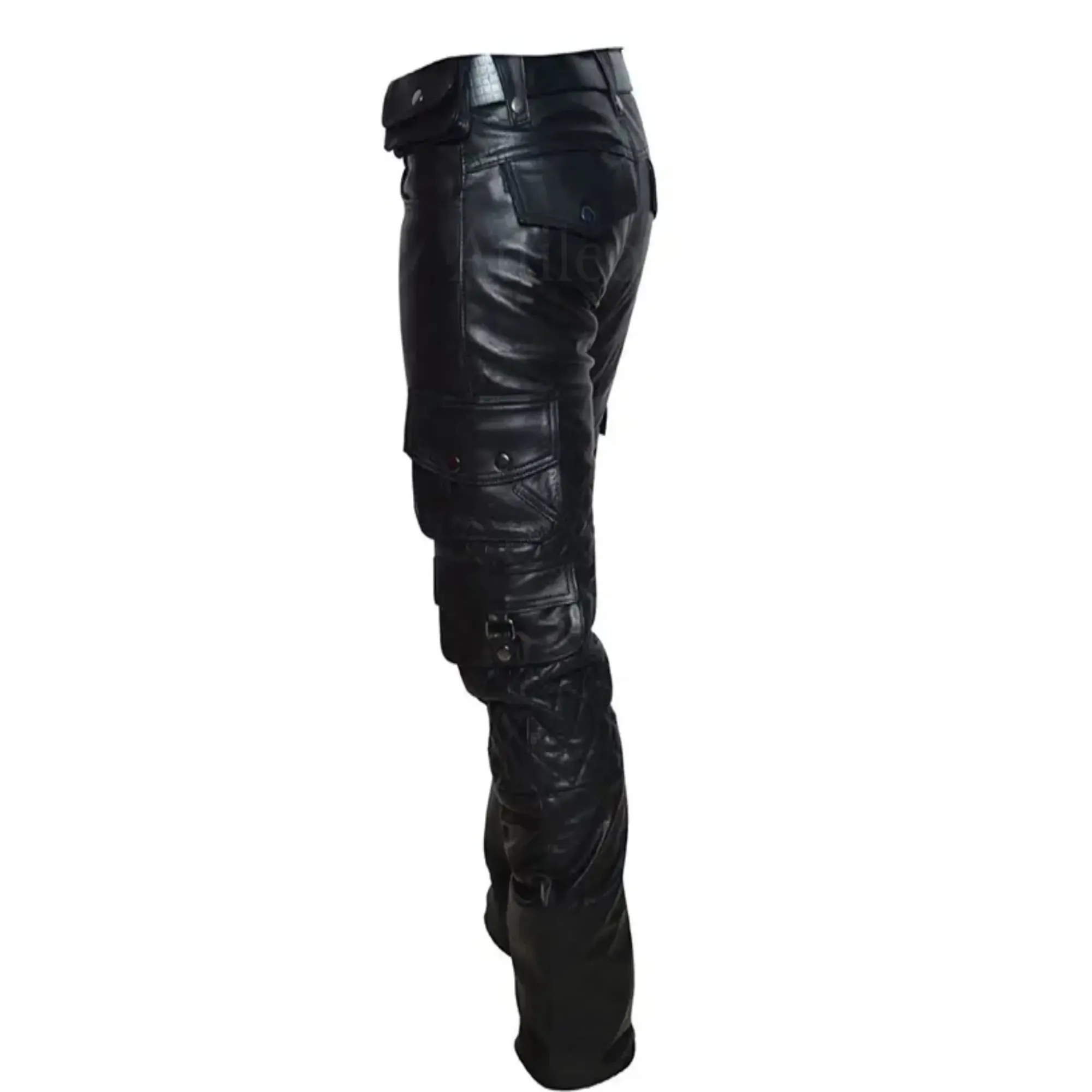 Black Leather Cargo Pants for Men