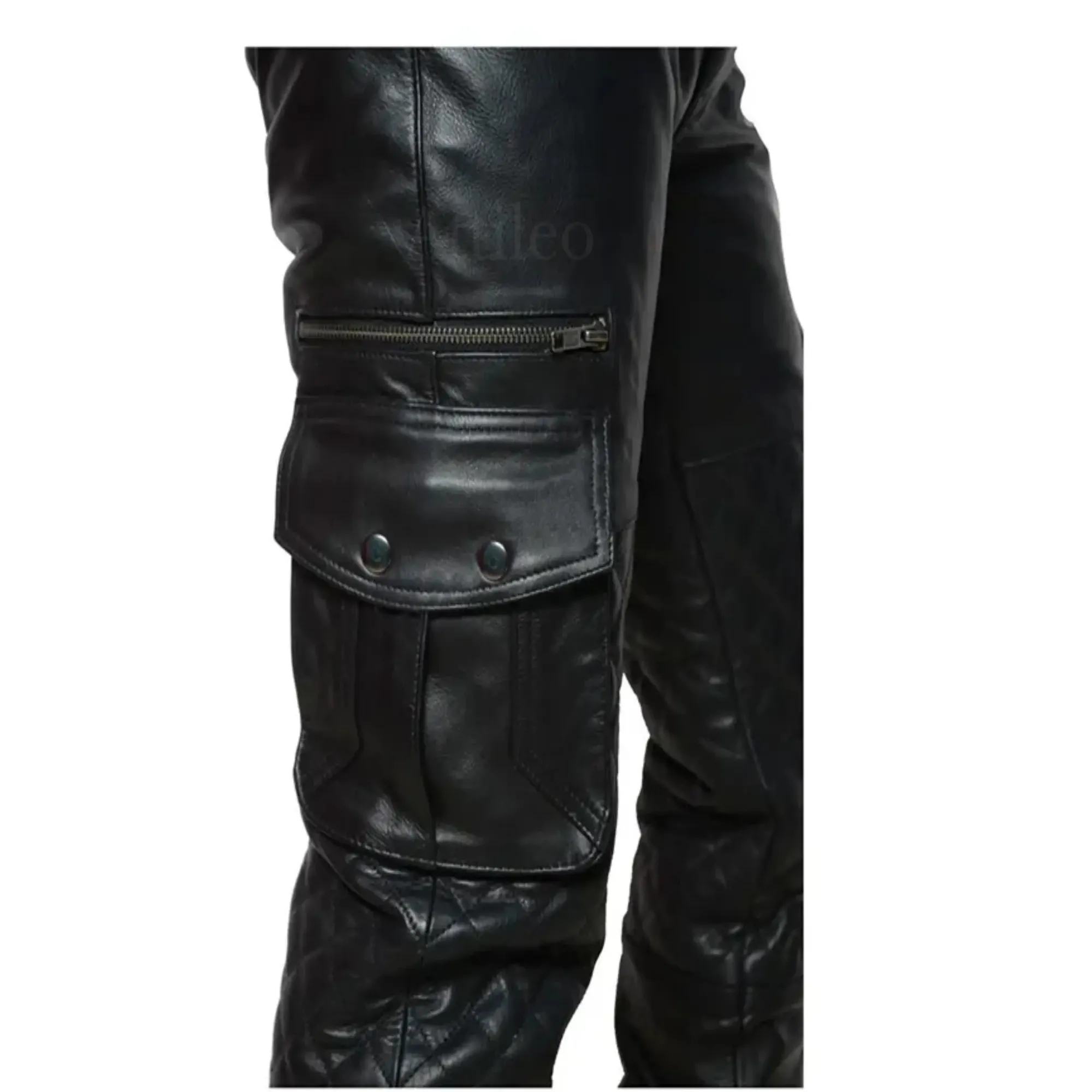 Black Leather Cargo Pants for Men