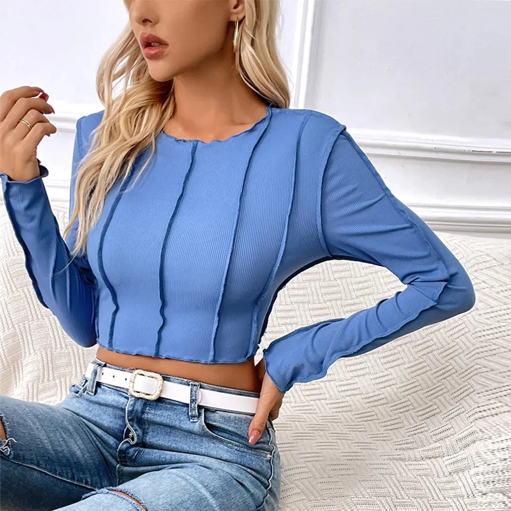 Blue Slim Fit O-neck Long Sleeve Black Ribbed Tee Shirt Women's Spring Fashion T-shirt