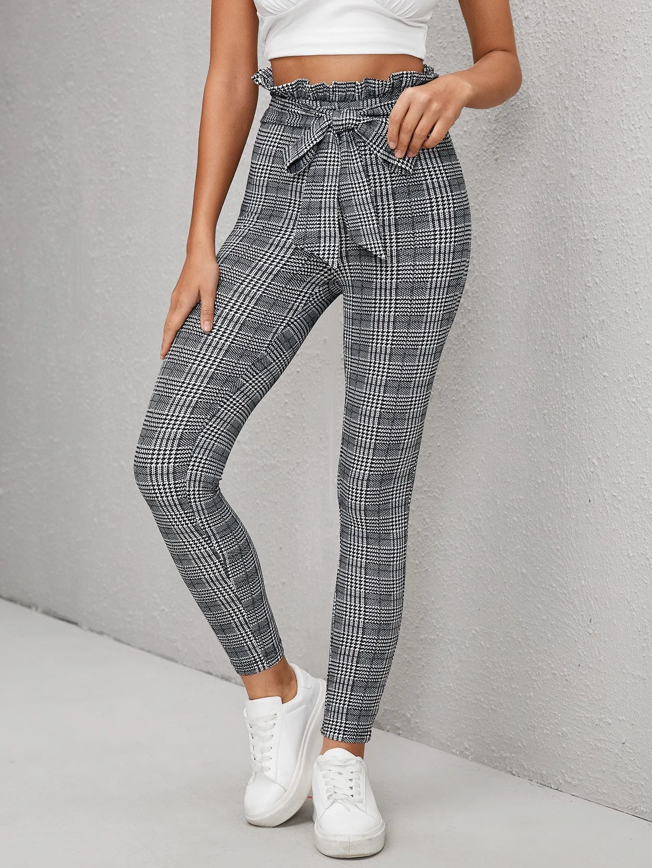 Boho Houndstooth Paper Bag Waist High Waist Cropped Women Pants