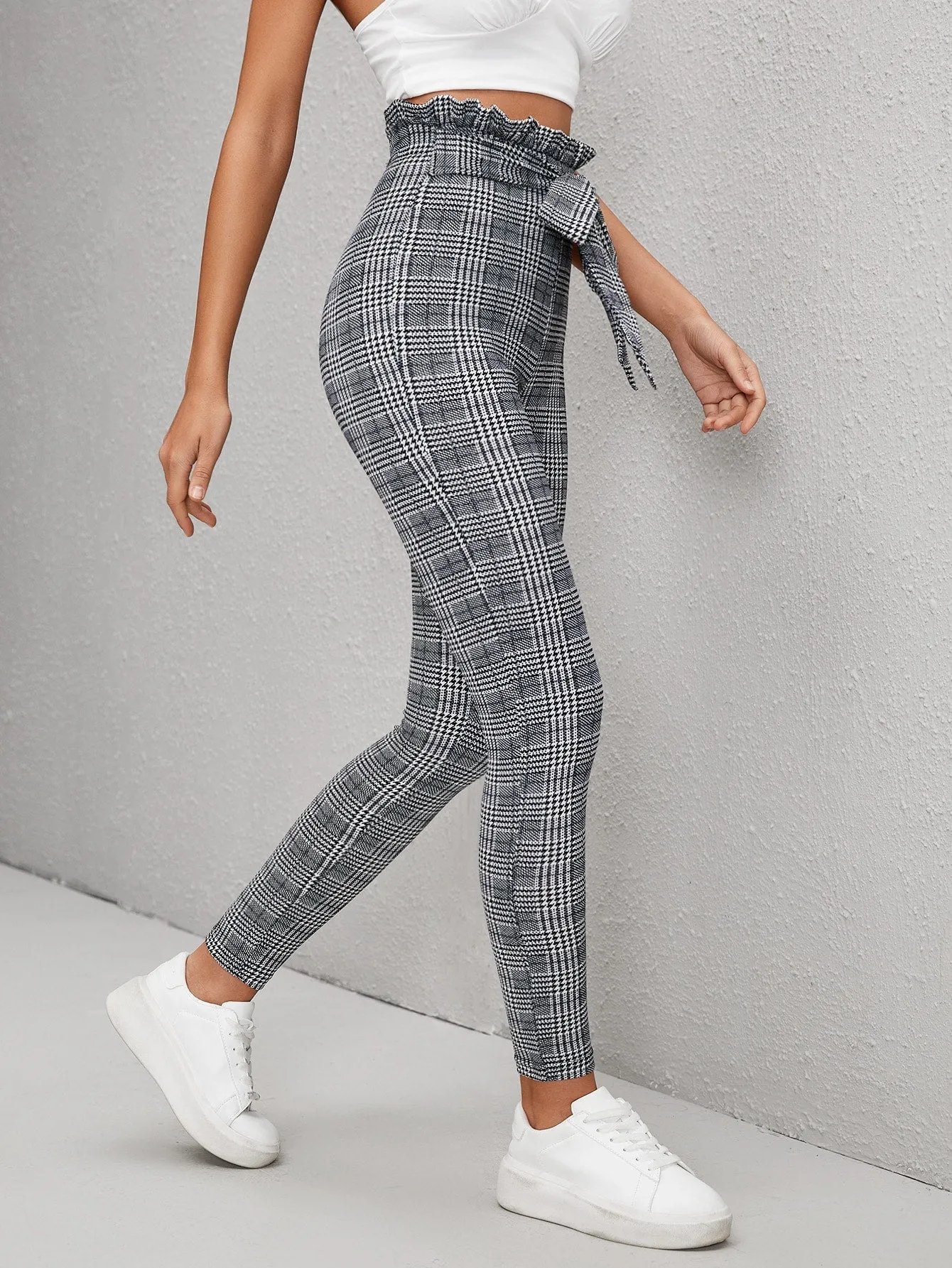 Boho Houndstooth Paper Bag Waist High Waist Cropped Women Pants