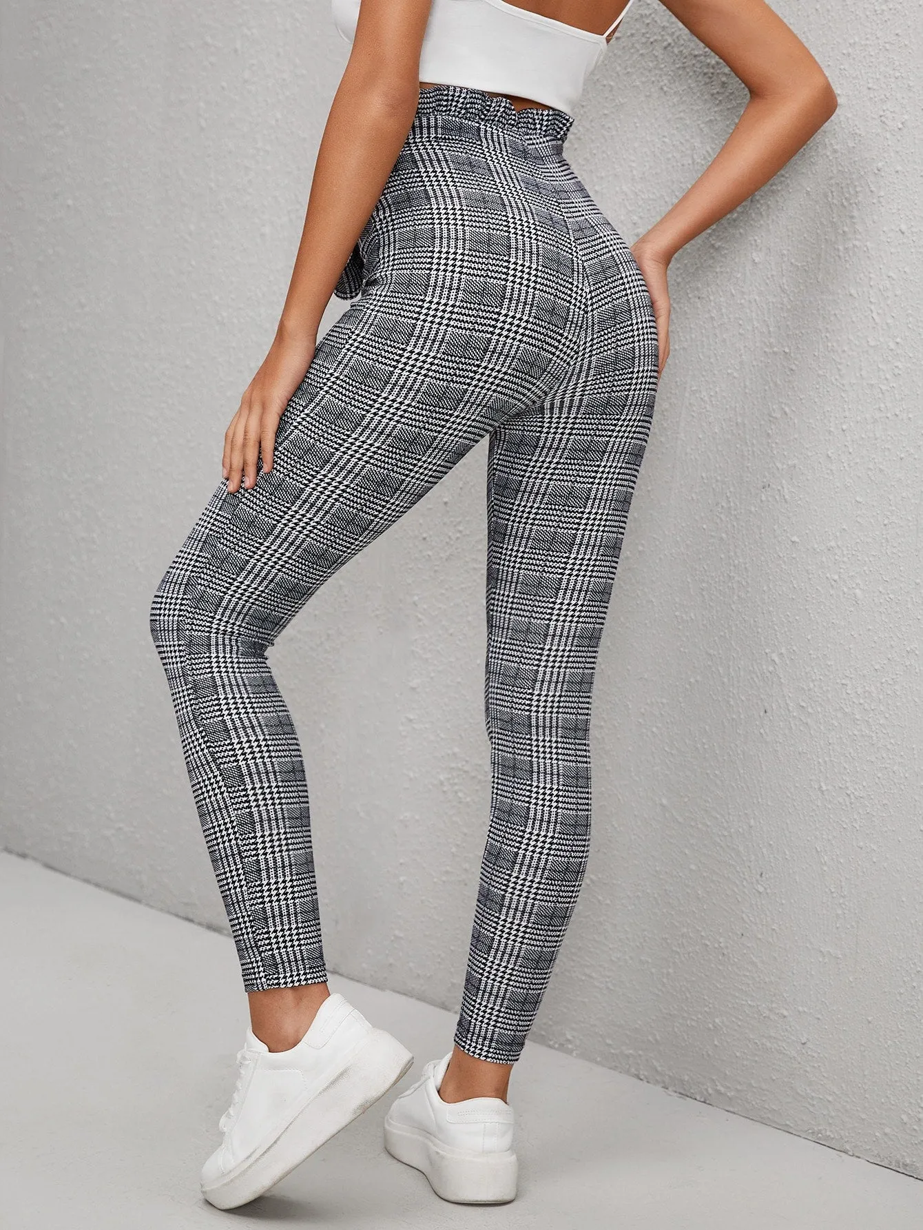 Boho Houndstooth Paper Bag Waist High Waist Cropped Women Pants