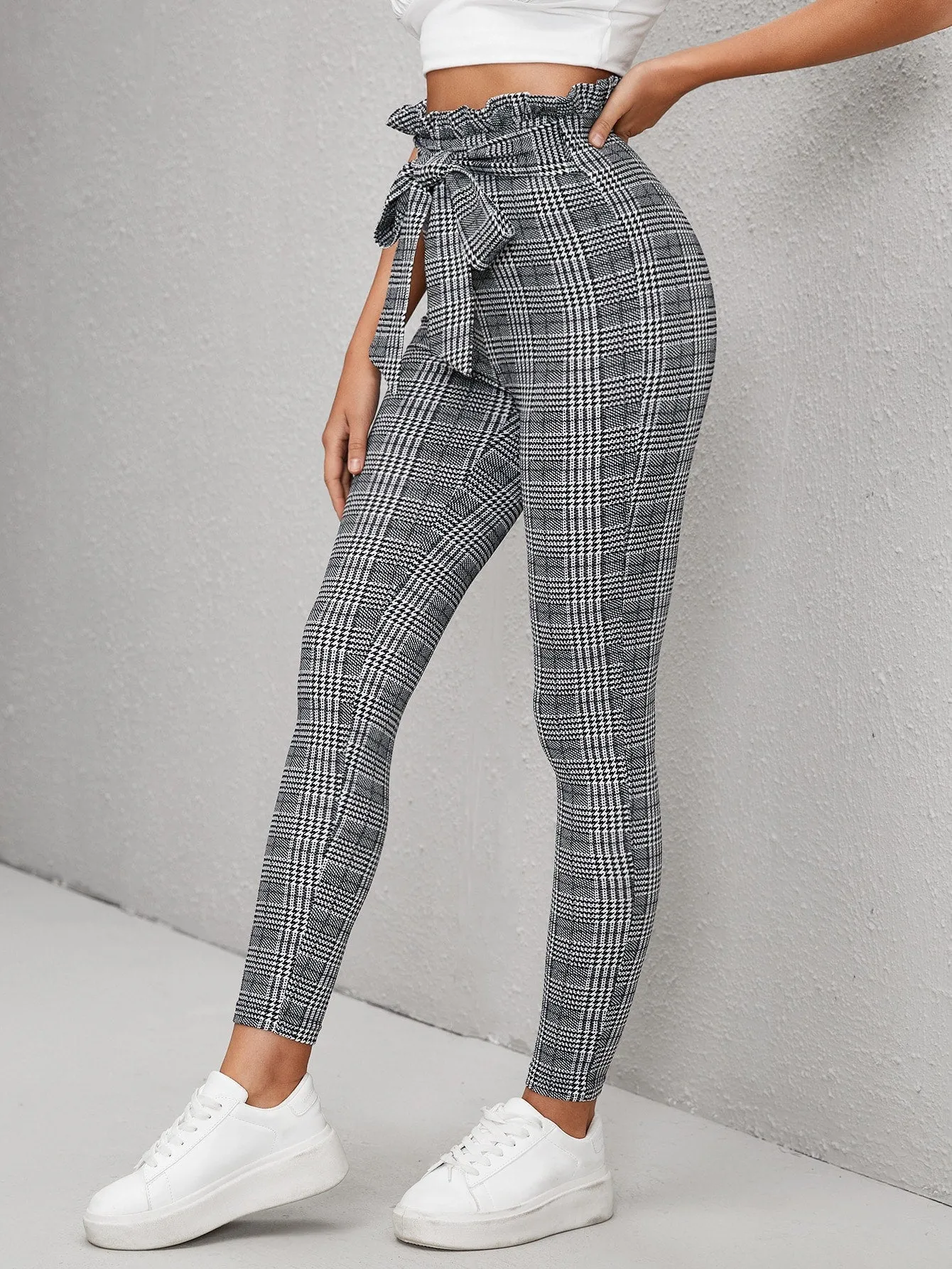 Boho Houndstooth Paper Bag Waist High Waist Cropped Women Pants