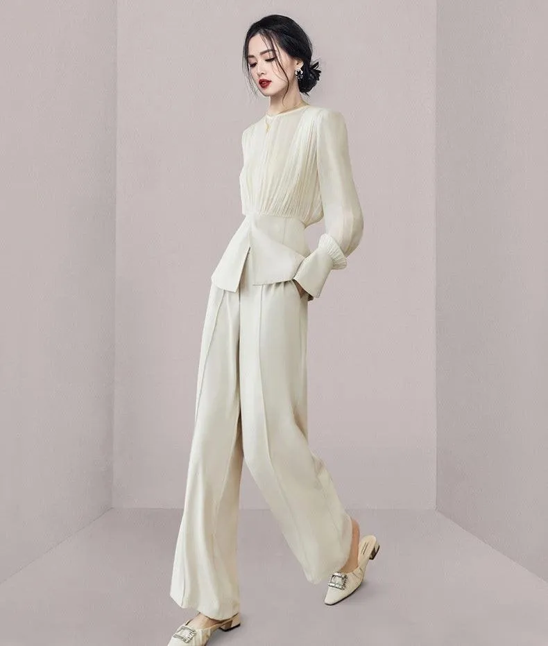 Chic Beige Apricot Long Sleeve Two-Piece Set with Wide-Leg Pants