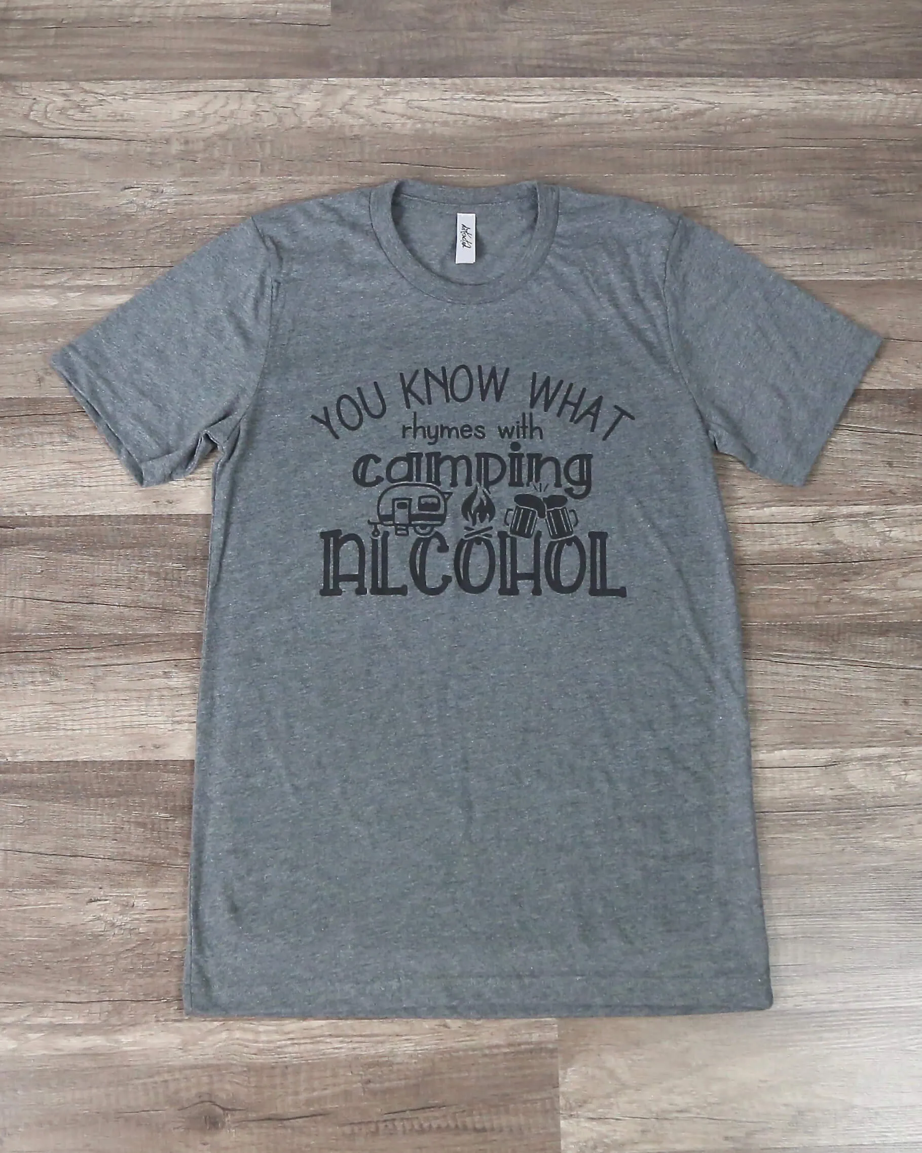 Distracted - You Know What Rhymes with Camping? Drinking Graphic Tee in Grey