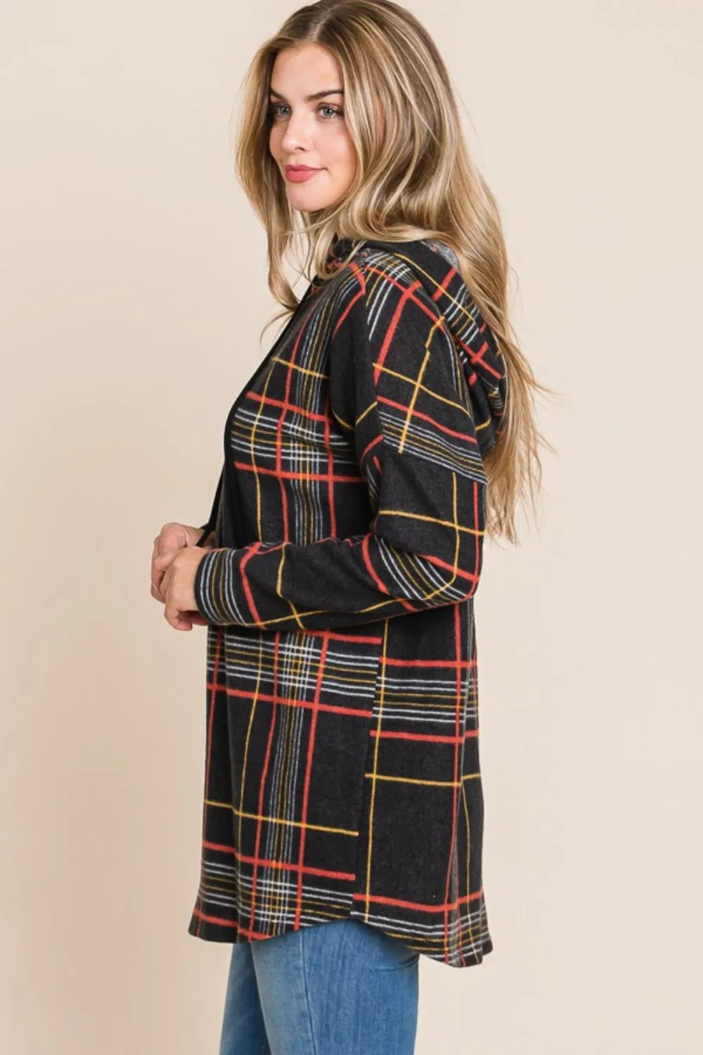 Drawstring Plaid Long Sleeve Hoodie