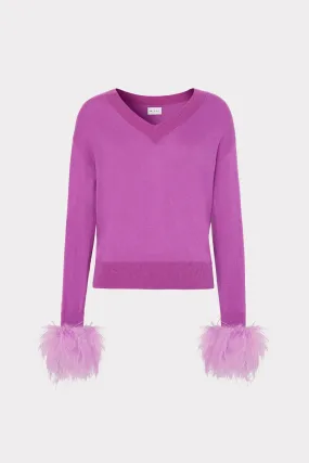 Feather Cuff V-Neck Sweater