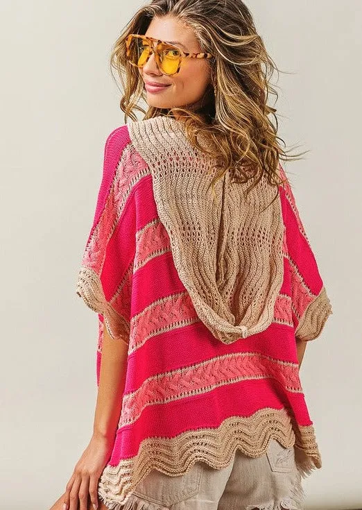 FINAL SALE - Pink & Taupe Boho Crochet Dolman Hoodie