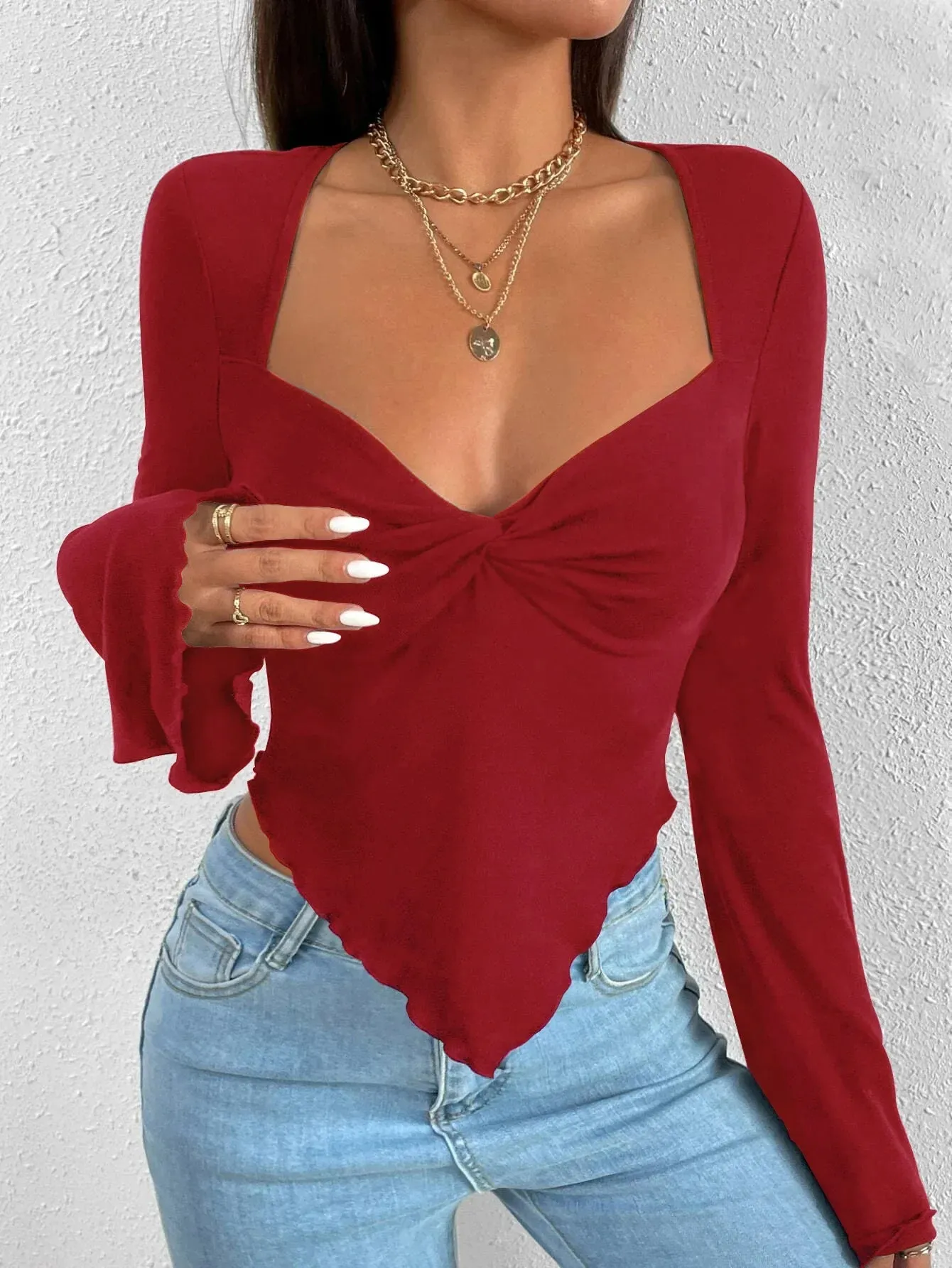 Flared Sleeves Tucked Waist Irregular Knitted V-neck Women's Long Sleeve Polyester Y2k Top T-shirt for Holiday