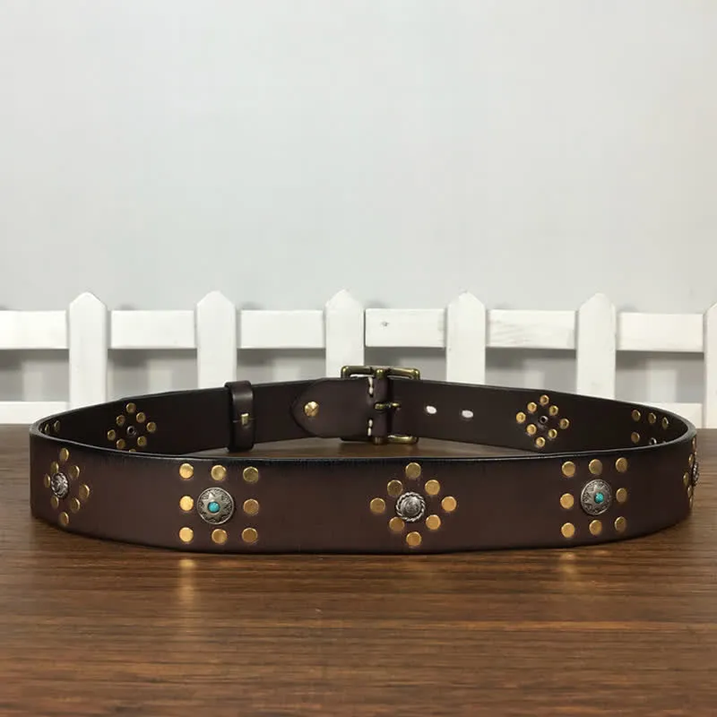 Gold Rivets Studs Vintage Indian Style Leather Belt