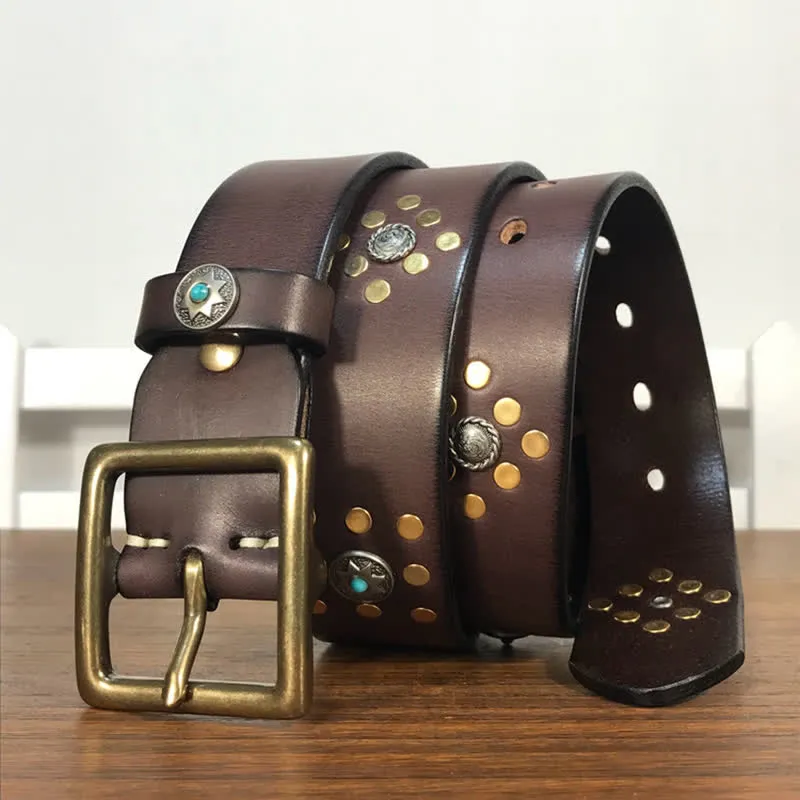 Gold Rivets Studs Vintage Indian Style Leather Belt