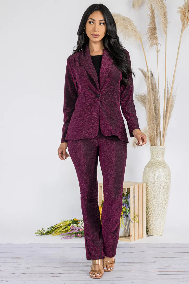 HH741R- SOLID - 2PC SEQUIN PANT AND BLAZER SET