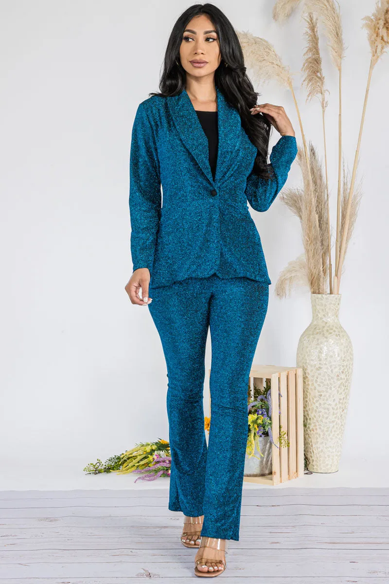 HH741R- SOLID - 2PC SEQUIN PANT AND BLAZER SET