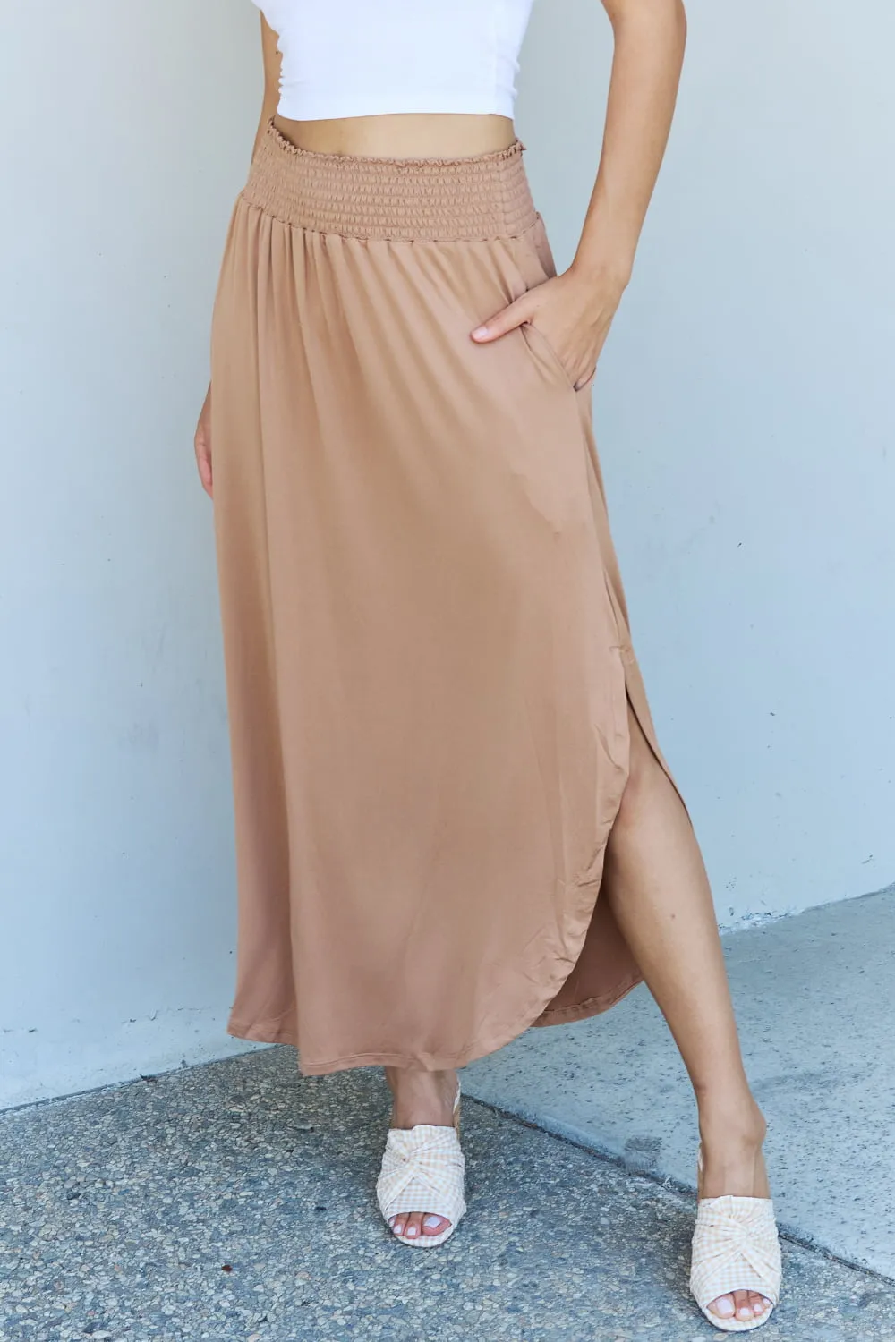 High Waist Scoop Hem Maxi Skirt in Tan