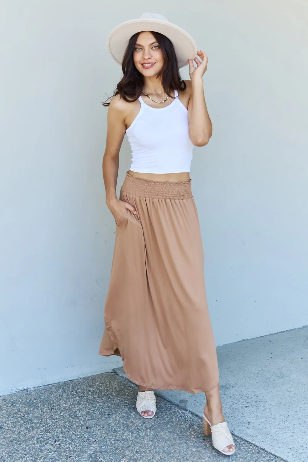 High Waist Scoop Hem Maxi Skirt in Tan