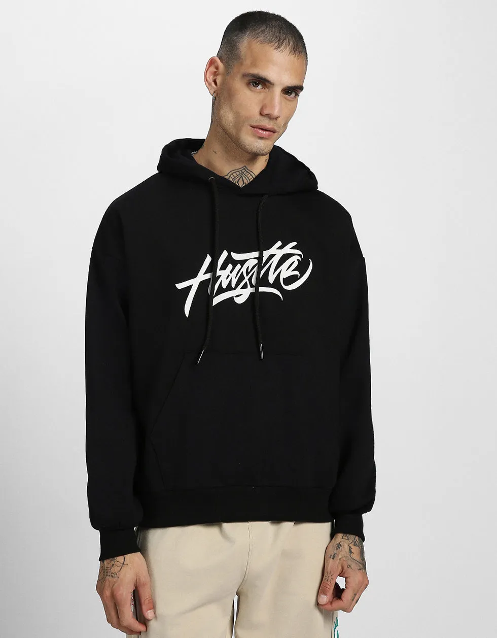 Hustle Black Oversized Back Graphic Printed Hoodie