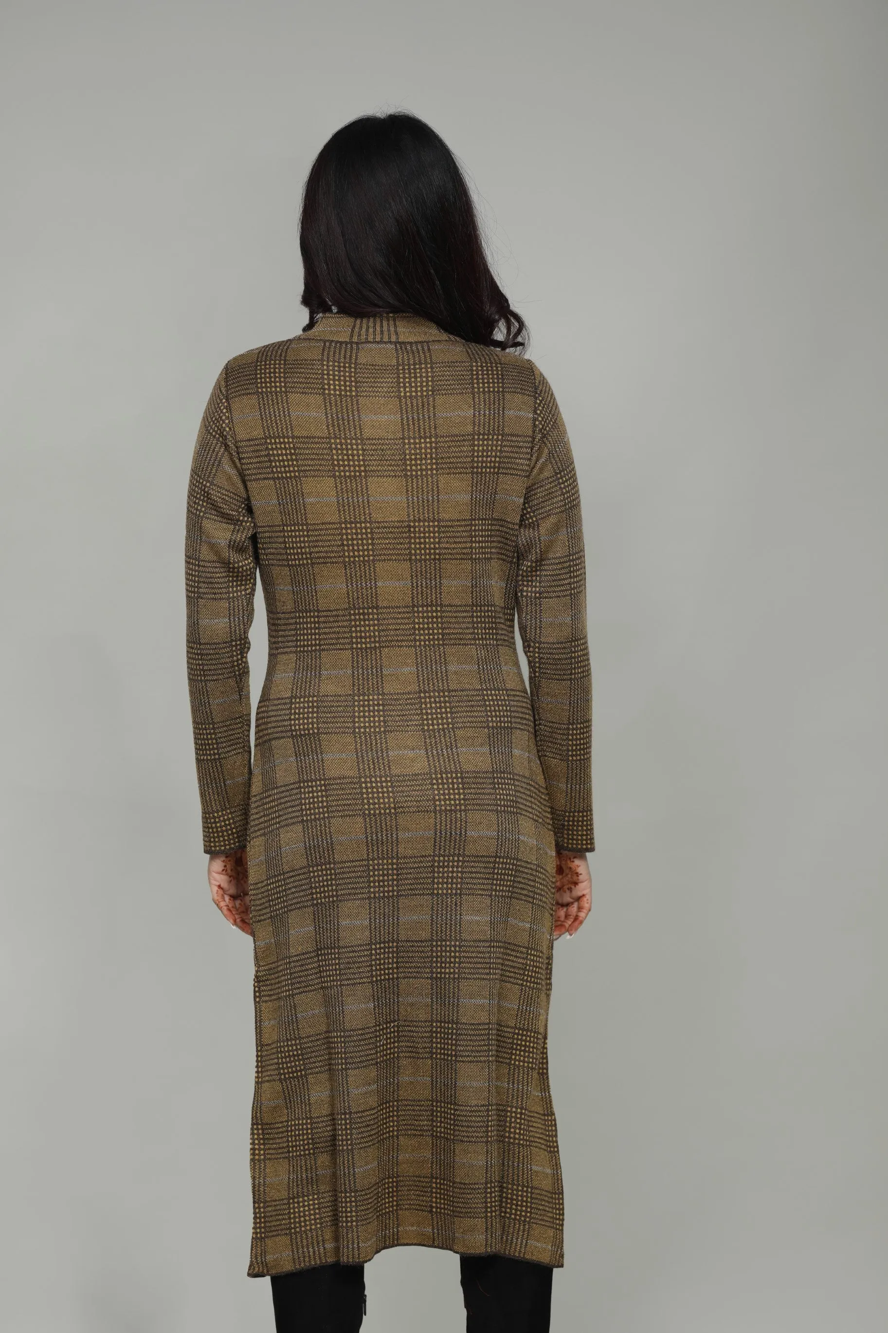 Knitted Check Round Neck Long Coat For Women