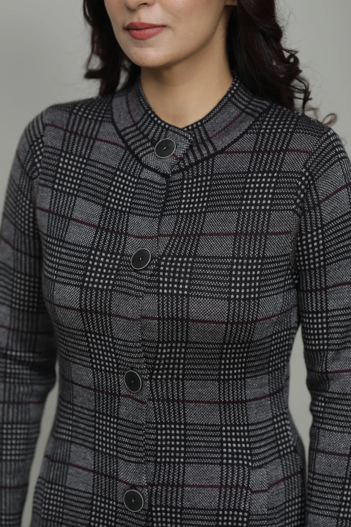 Knitted Check Round Neck Long Coat For Women