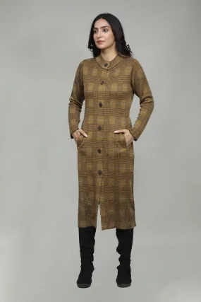 Knitted Check Round Neck Long Coat For Women