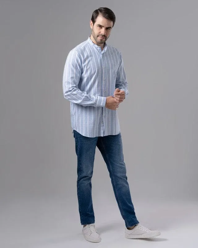 LONG SLEEVE STRIPED SHIRT WITH MANDARIN COLLAR - SKY BLUE