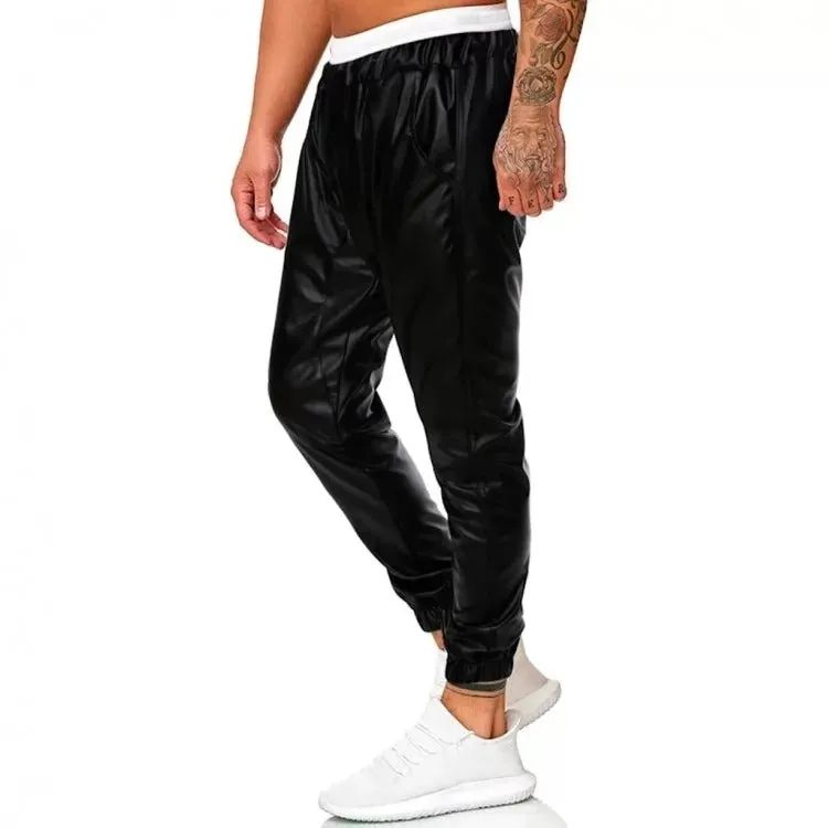 Men Casual Simple Black Leather Hombre Streetwear Joggers Pants