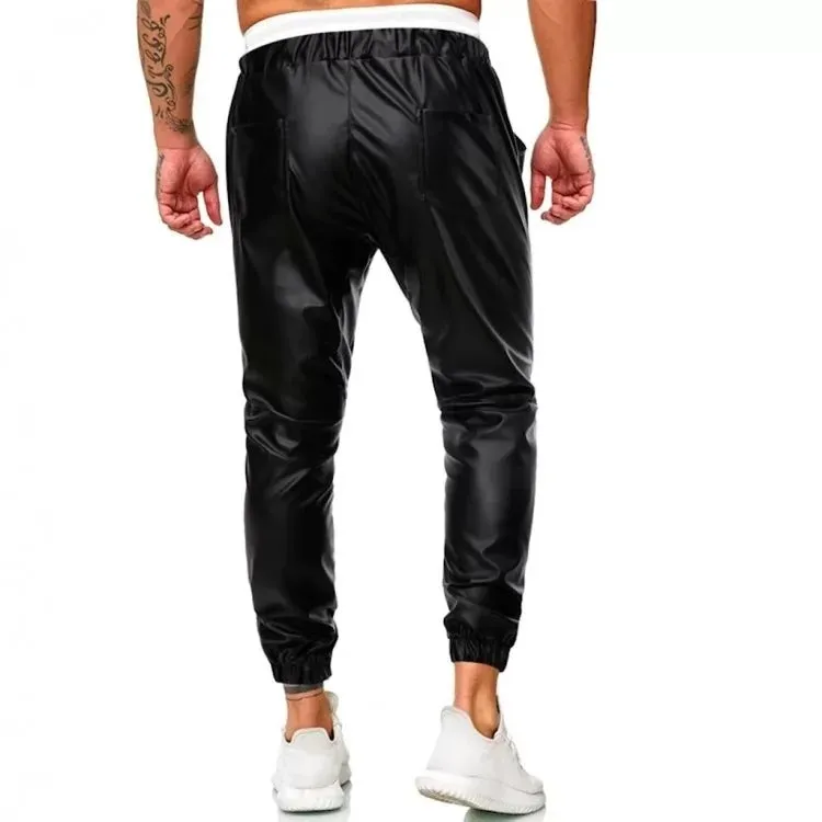 Men Casual Simple Black Leather Hombre Streetwear Joggers Pants