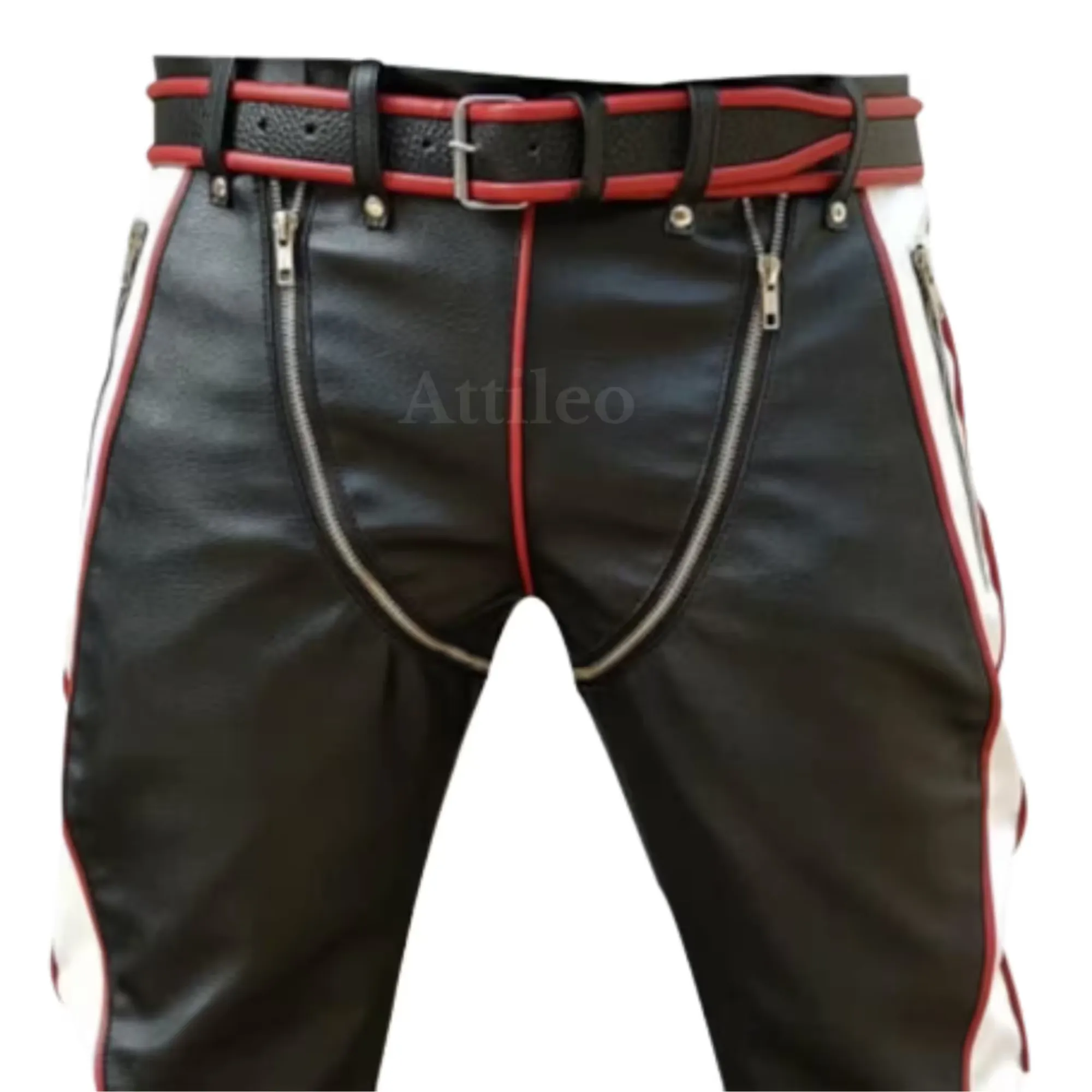 Mens Red Black and White Leather Pants