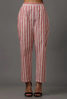 Peach  Red and White Stripes Pure Woven Cotton Pants