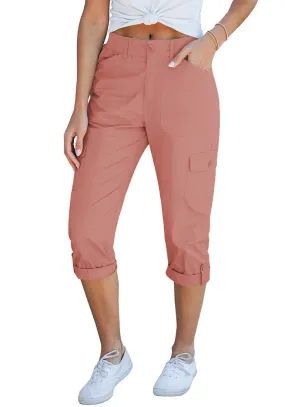 Pink Women's High Wasited Cargo Pants Cuffed Hem Elastic Waist Capri Pants With Pockets