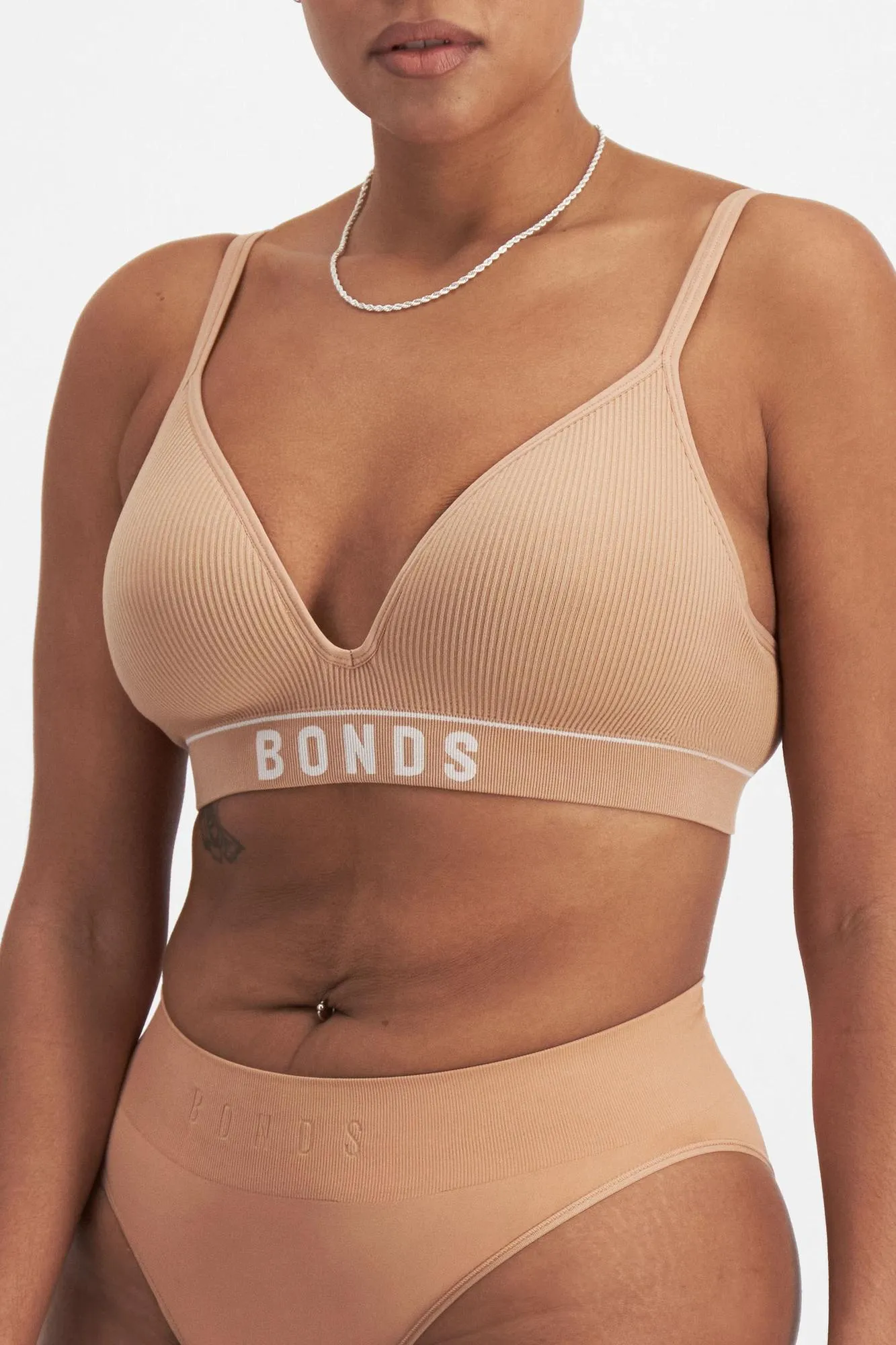 popular  Retro Rib T-Shirt Crop Bra - Bonds - Blushed Brown/White