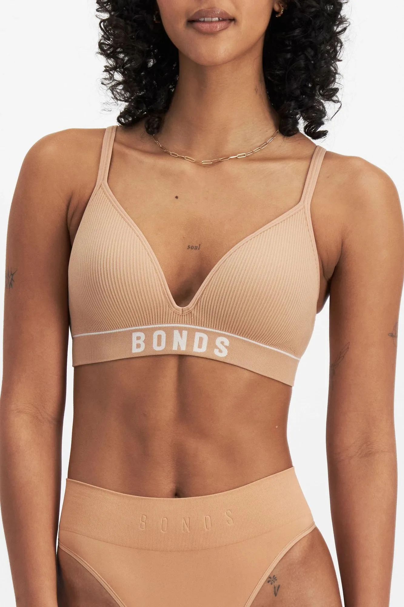 popular  Retro Rib T-Shirt Crop Bra - Bonds - Blushed Brown/White