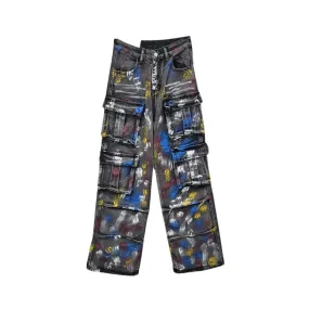 Pre Order:  Spray Painted Graffiti Multi Pocket Cargo Jeans