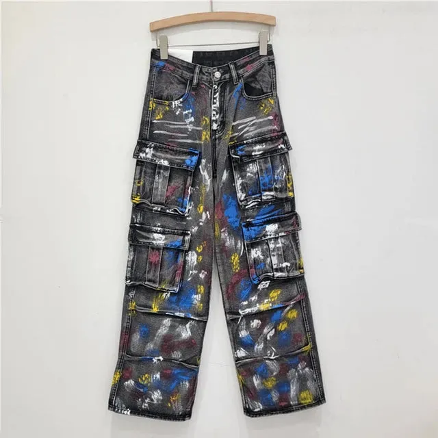 Pre Order:  Spray Painted Graffiti Multi Pocket Cargo Jeans