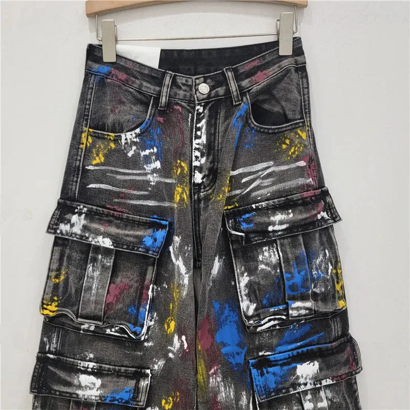 Pre Order:  Spray Painted Graffiti Multi Pocket Cargo Jeans