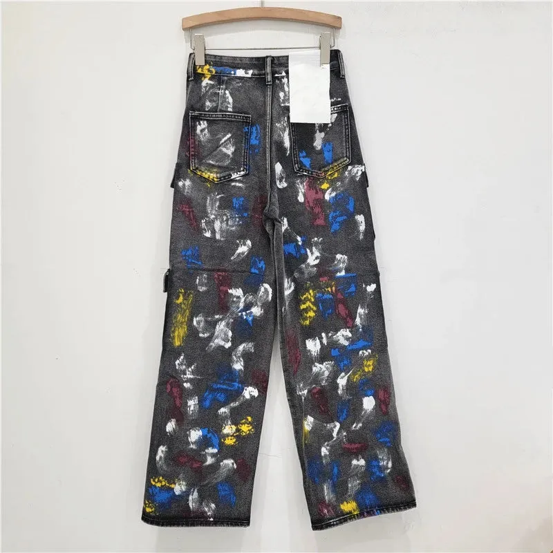 Pre Order:  Spray Painted Graffiti Multi Pocket Cargo Jeans