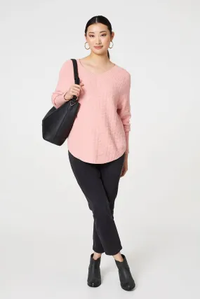 Textured V-Neck Relaxed Curve Hem Jumper