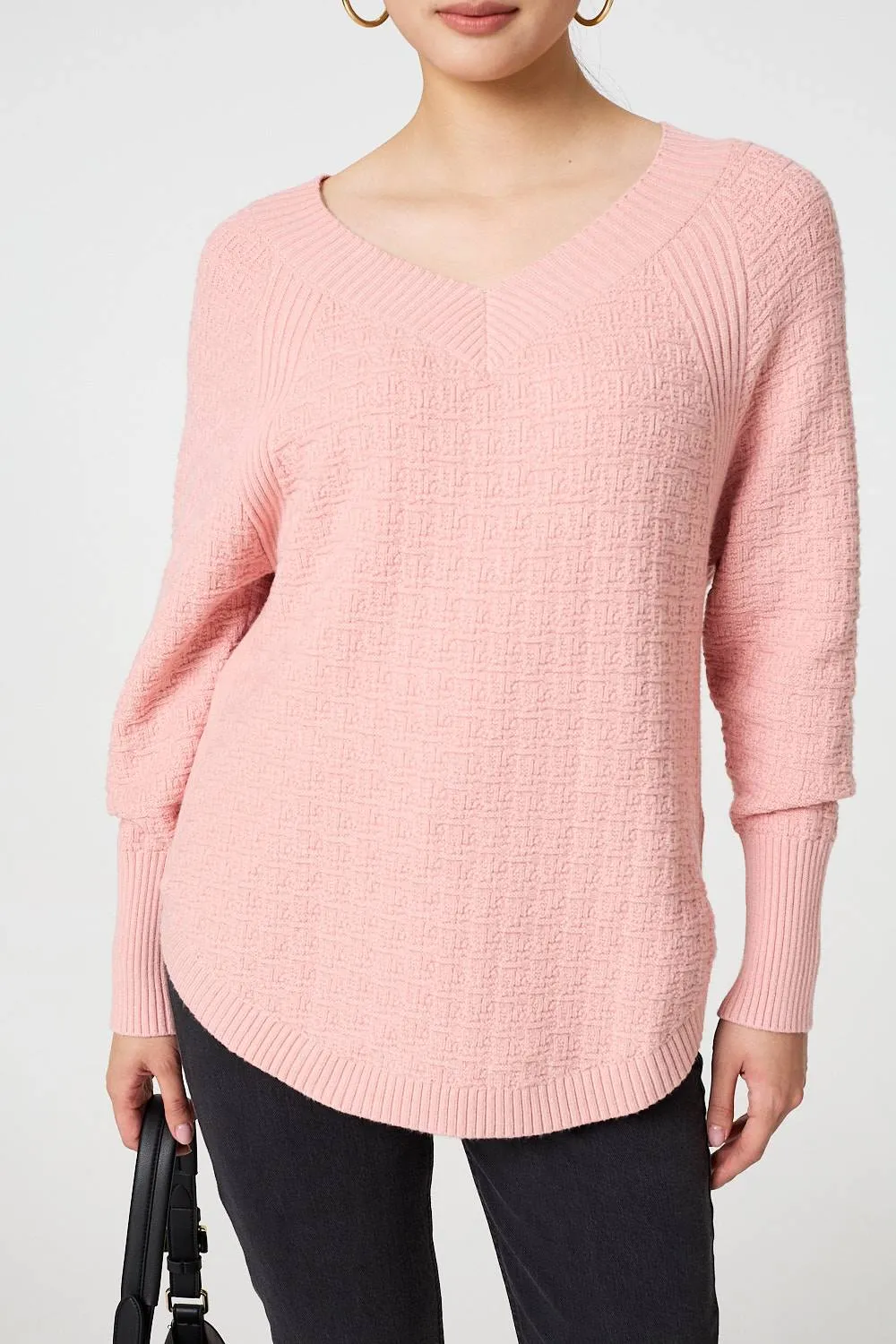 Textured V-Neck Relaxed Curve Hem Jumper