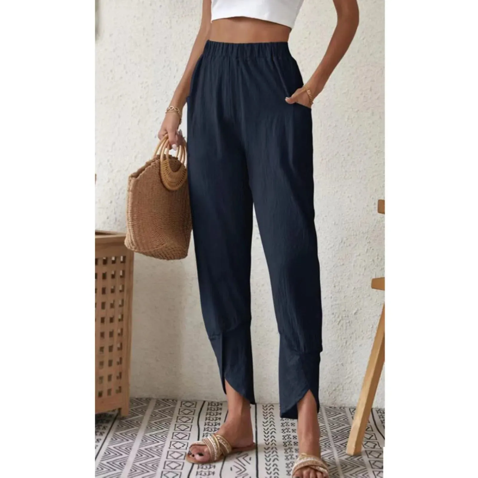 Waist Pleated Pockets Streetwear Beachwear Casual High Pants