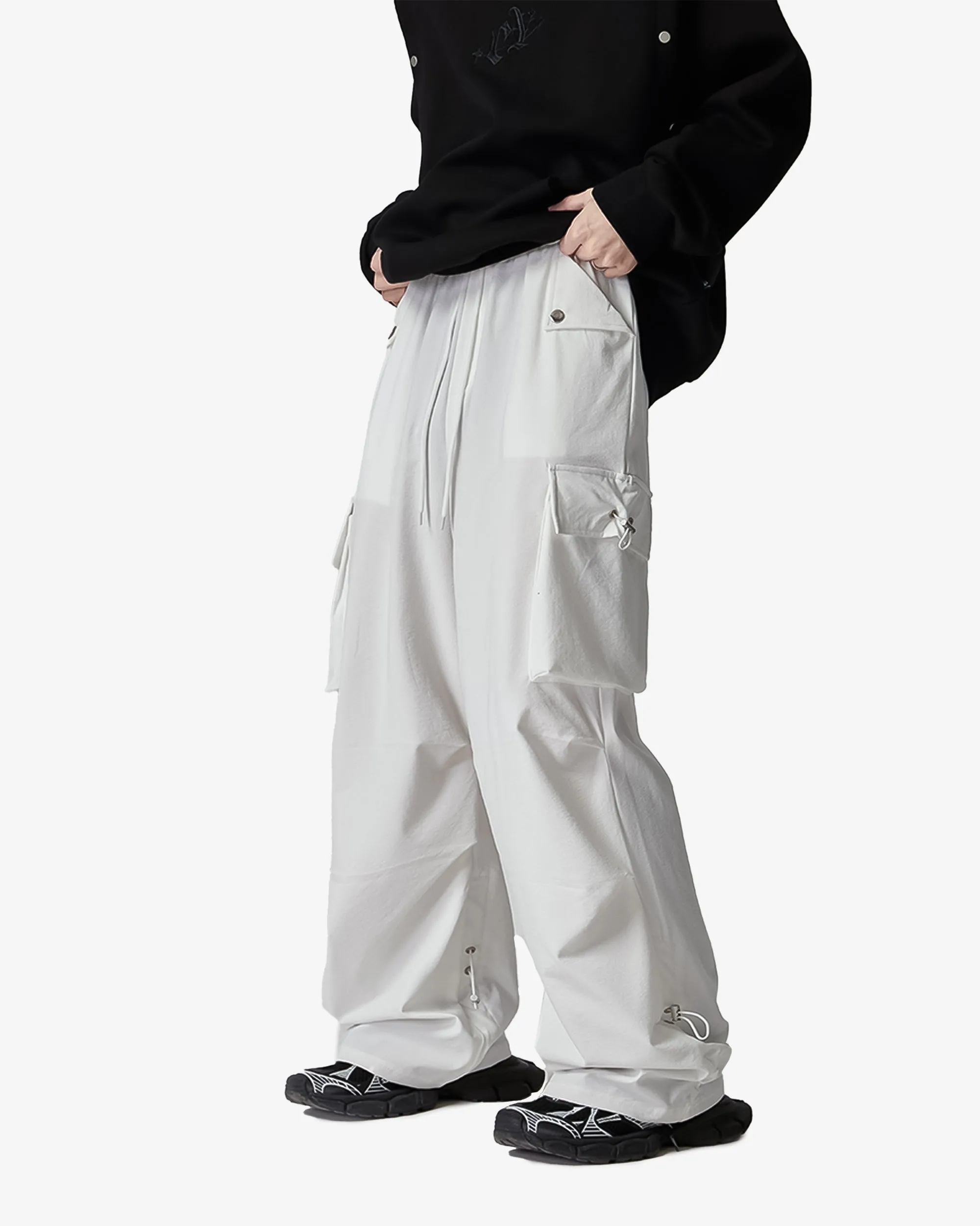 Wide Fit Parachute Cargo Pants with Drawstrings